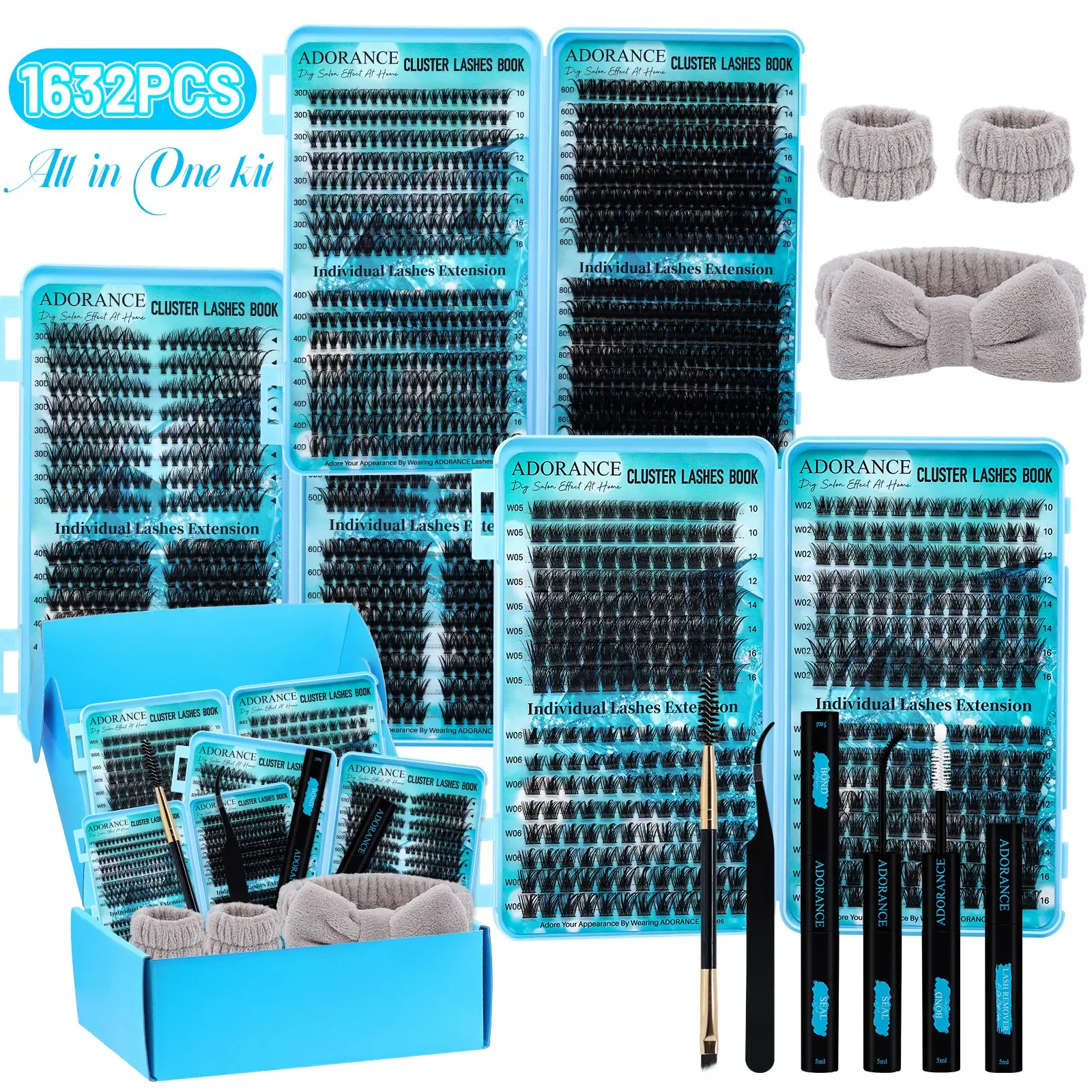 ADORANCE Lash Clusters Kit, Cluster False Eyelashes, 1632pcs D Curl Natural Volume Individual Eyelashes Kit, DIY Lash Extensions, Includes Bond and Seal Remover, Double-Ended Brush, Fluffy Cluster Lashes for Everyday