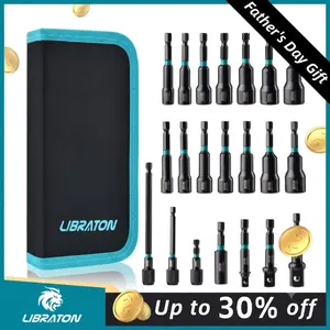【Fathersdaygift】Libraton 21PCS Magnetic Nut Driver Set, Impact Drill Driver Bit Set 1/4", Metric and SAE Nut Driver, Impact Socket Adapters, Bit Holder, Quick-Release Extensions with Storage Bag outdoorfun Screwdriver Bit Clip Replaceable Screwdriver Bits