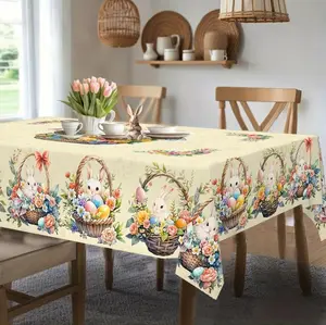 Easter Bunny Floral Tablecloth with Colorful Basket & Egg Design – Modern Spring Table Cover for Dining Table & Coffee Table, Rectangular, 54*72/60*84
