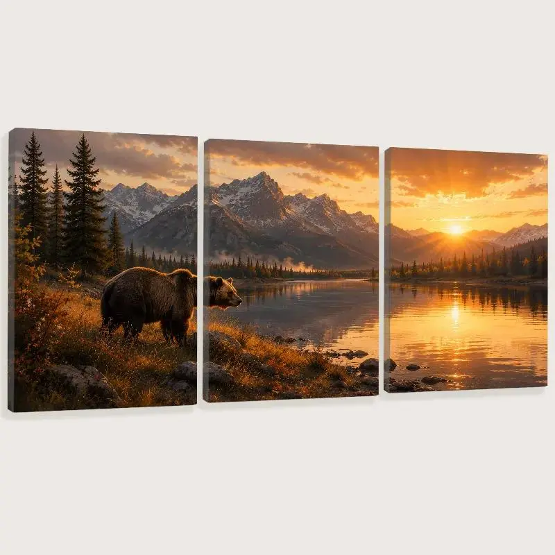 3-Panel Wood-Framed Bear Mountain Lake Full Print Canvas Wall Artwork Set, Rustic Animal Home Decor, Hanging Living Room/Dining Room Man Cave Decor with Golden Sunset Wildlife Landscape Inspo, Living Room Decor