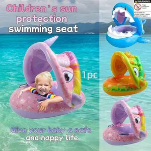 Inflatable Swimming Ring with Sunshade, Detachable UV Protection Pool Float, Interactive Family Party Game for Kids 3-12, Pool Floaties