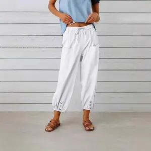 2025 Loose Fit High Waist Button Cotton Linen Pants Nine Points Wide Leg Women's Pants