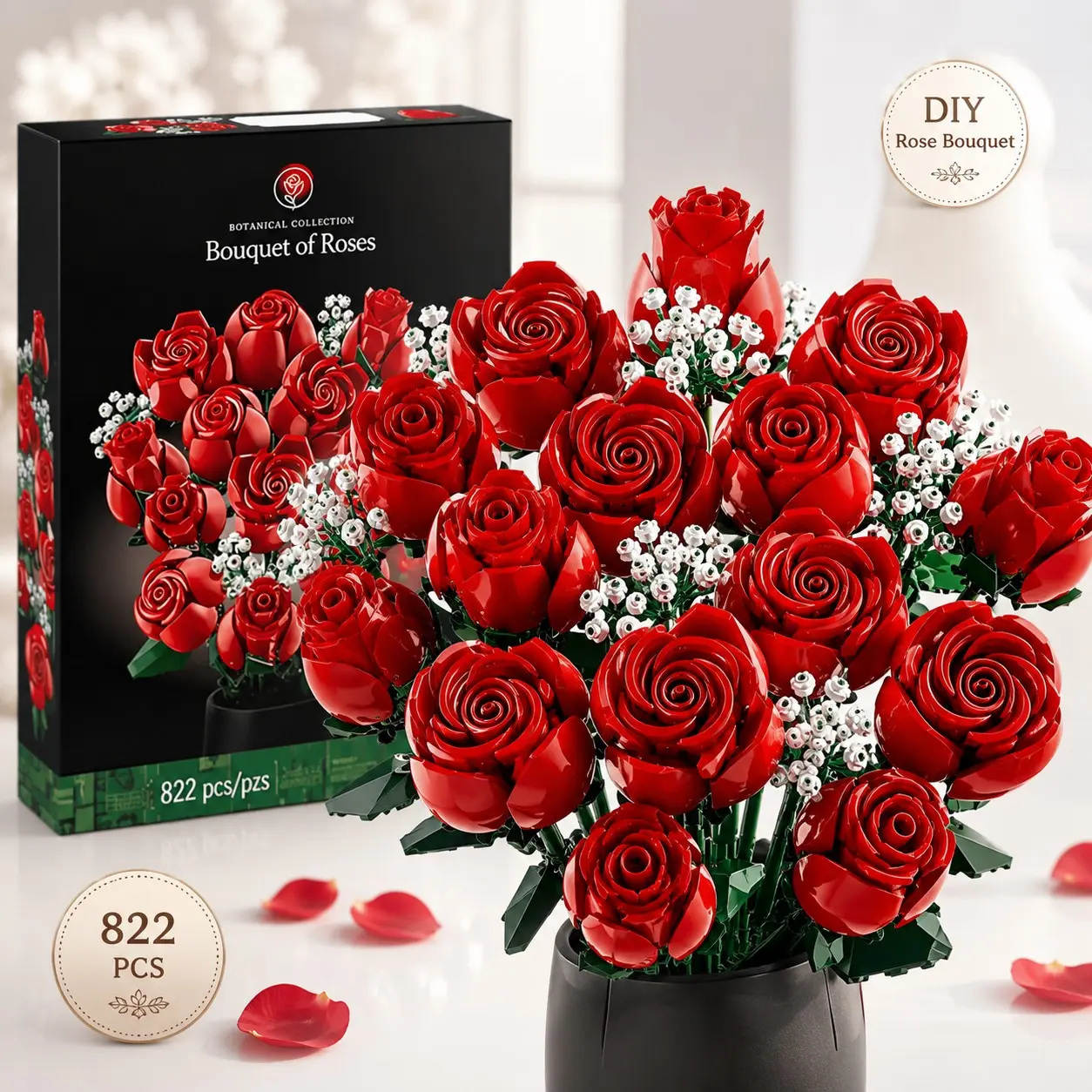 Rose Bouquet Assembly Set - Red Roses and Baby's Breath Artificial Flower Bouquet Valentine's Day Gift Mother's Day Gift Preserved Artificial Flower Decorative Building Block Toy Perfect Gift for Girls and Women Elegant Flower Design