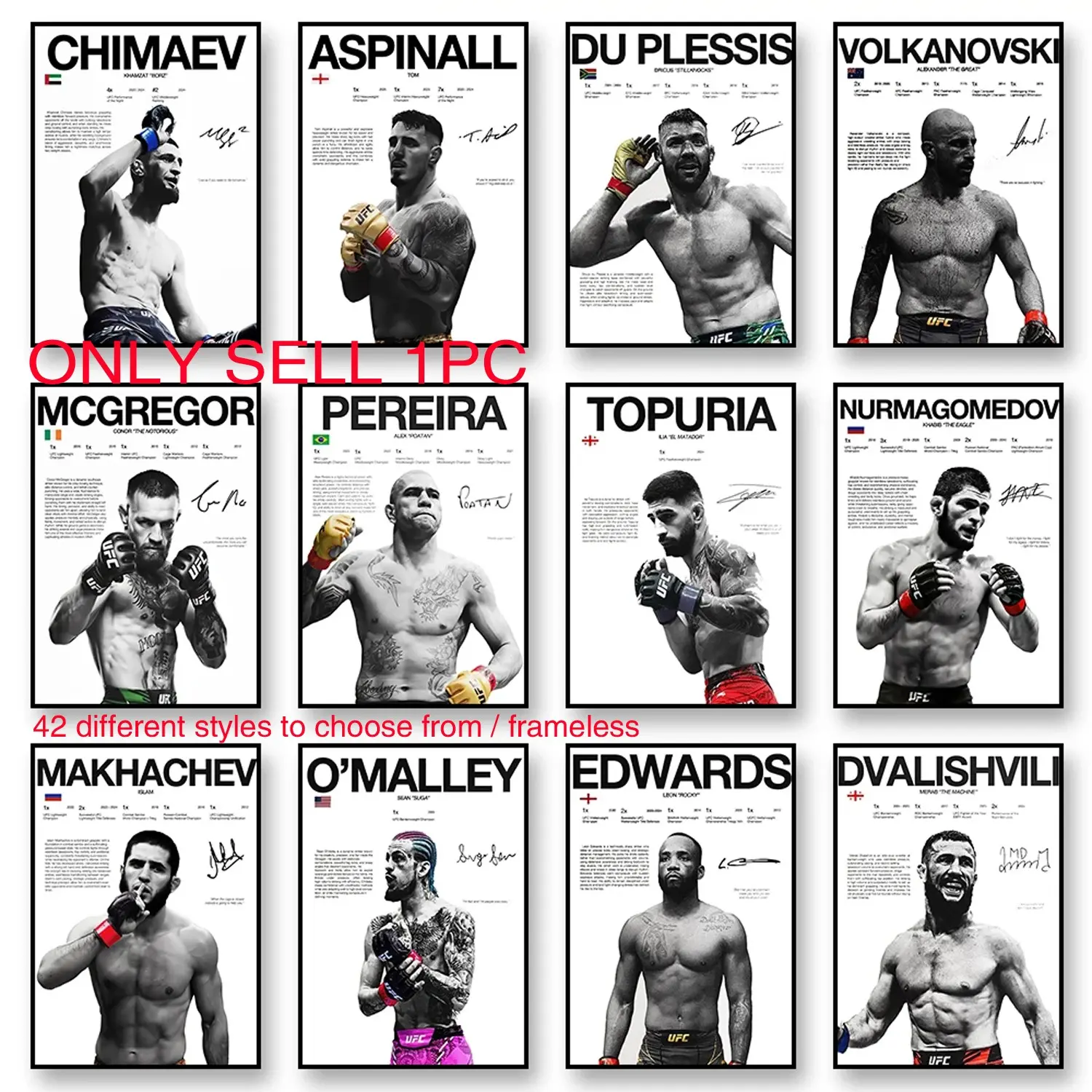 1 Pc Frameless Boxing Legends Fight Poster, UFC Inspirational ILIA TOPURIA Artistic Canvas Print, Unframed Wall Art Mural, Gym and Home Decoration, 42 Styles Available