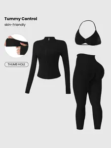 Women's Sportswear Set Long Sleeve Jacket + Backless Sports Bra Top + High-Waisted Leggings with Removable Pads, Gym Outdoor Running Yoga Wear, Sports Tummy Control