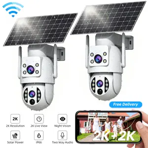 【JOOAN 2K+2K 3MP WiFi Wireless Solar Dual Lens Outdoor 360° PTZ Dual Screen Security Camera】Outdoor/Indoor IP66 Waterproof, Color Night Vision, PIR Human Detection, Two-Way Talk, Auto Tracking, Siren Alarm, SD/Cloud Storage (Optional), Alexa Compatible