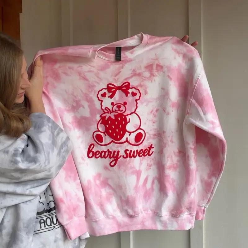 made to order Beary Sweet Teddy Bear Puff Design Valentines Crewneck Sweatshirt with Red Puff Screen Print for Casual Wear teddy bear and strawberry Design in Three Colors