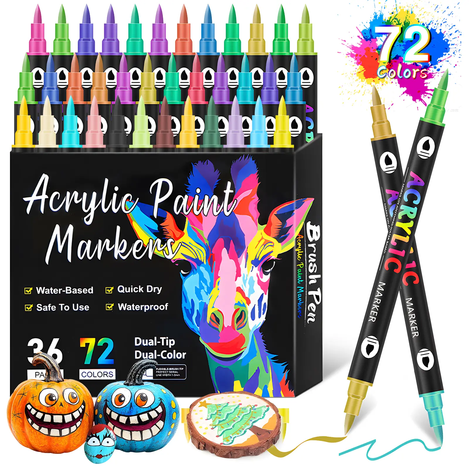 Acrylic Marker Set, 24/48/72 Color Dual TipMarkers for Rock Painting, Stone Art, Glass &Wood Drawing DIY Crafts Supplies, AcrylicPaint Pens, Easter egg painting sets, the best choice for gifts