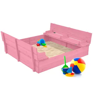 Best Choice Products Large Outdoor Wooden Sandbox for Kids with Cover and Bench Seats Support up to 220 lbs