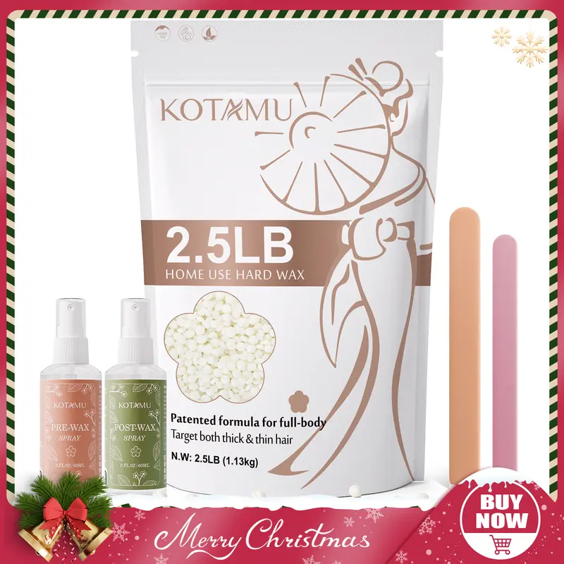 KOTAMU Solid Hair Removal Waxing Kit - 2.5lb Fragrance-Free Unscented Rosin-Free Hard Wax Beads, Easy Application, Natural Extracts for Skin Calming & Smoothing, Cosmetic Body Care Tool for Sensitive Skin, At-Home Use (Bikini Line Compatible)