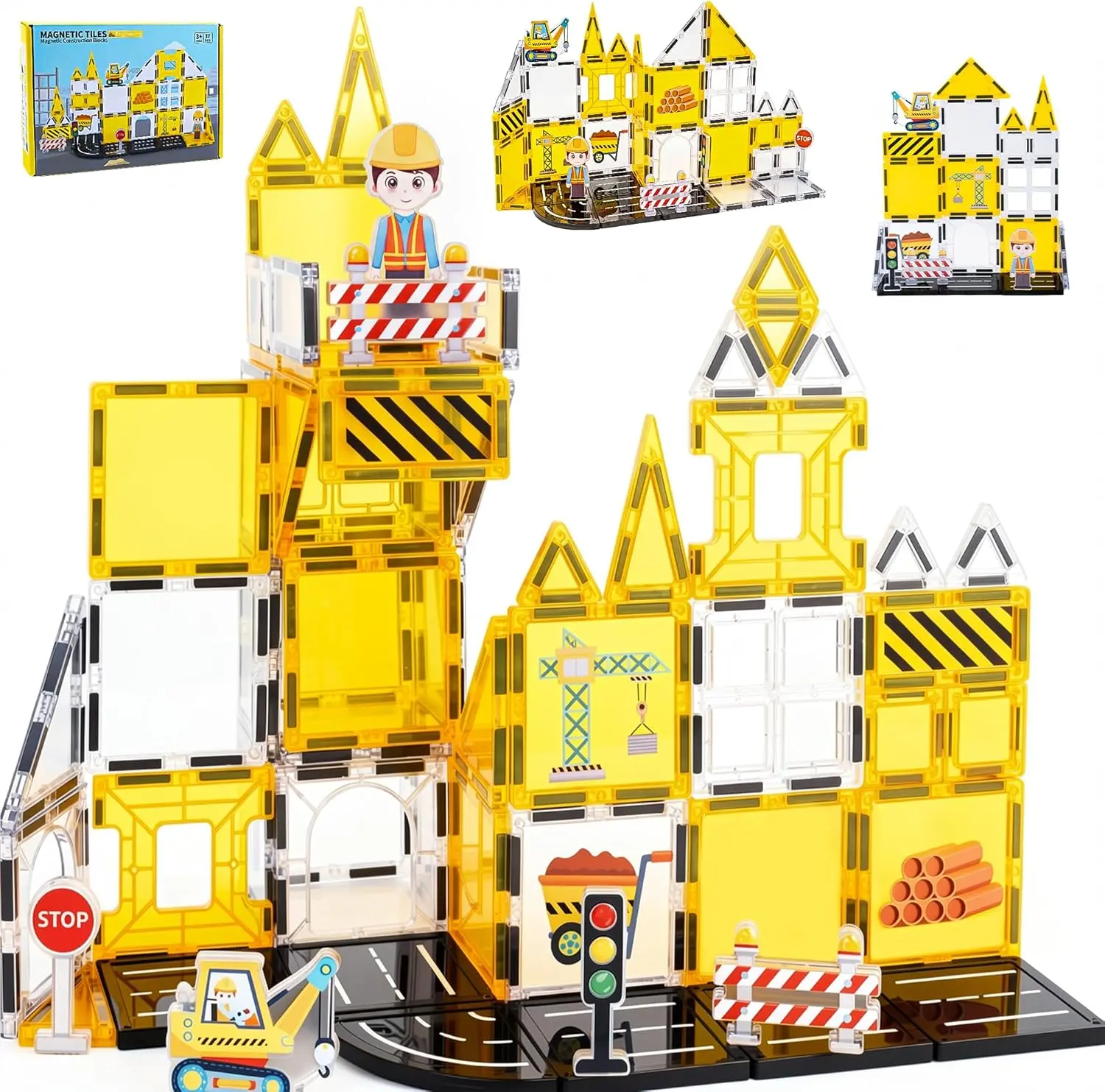 2026 Magnetic Tile Building Blocks for kids  Construction Magnetic Tiles, with Fire Truck and Station, Building, Road, Crane and Car Toys - Educational Travel Magnetic Tiles suitable for children aged 3-8, STEM toys suitable for children