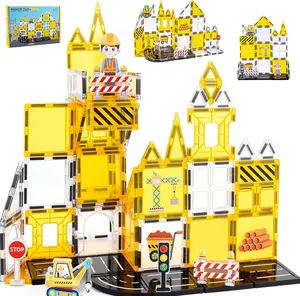 2026 Magnetic Tile Building Blocks for kids  Construction Magnetic Tiles, with Fire Truck and Station, Building, Road, Crane and Car Toys - Educational Travel Magnetic Tiles suitable for children aged 3-8, STEM toys suitable for children