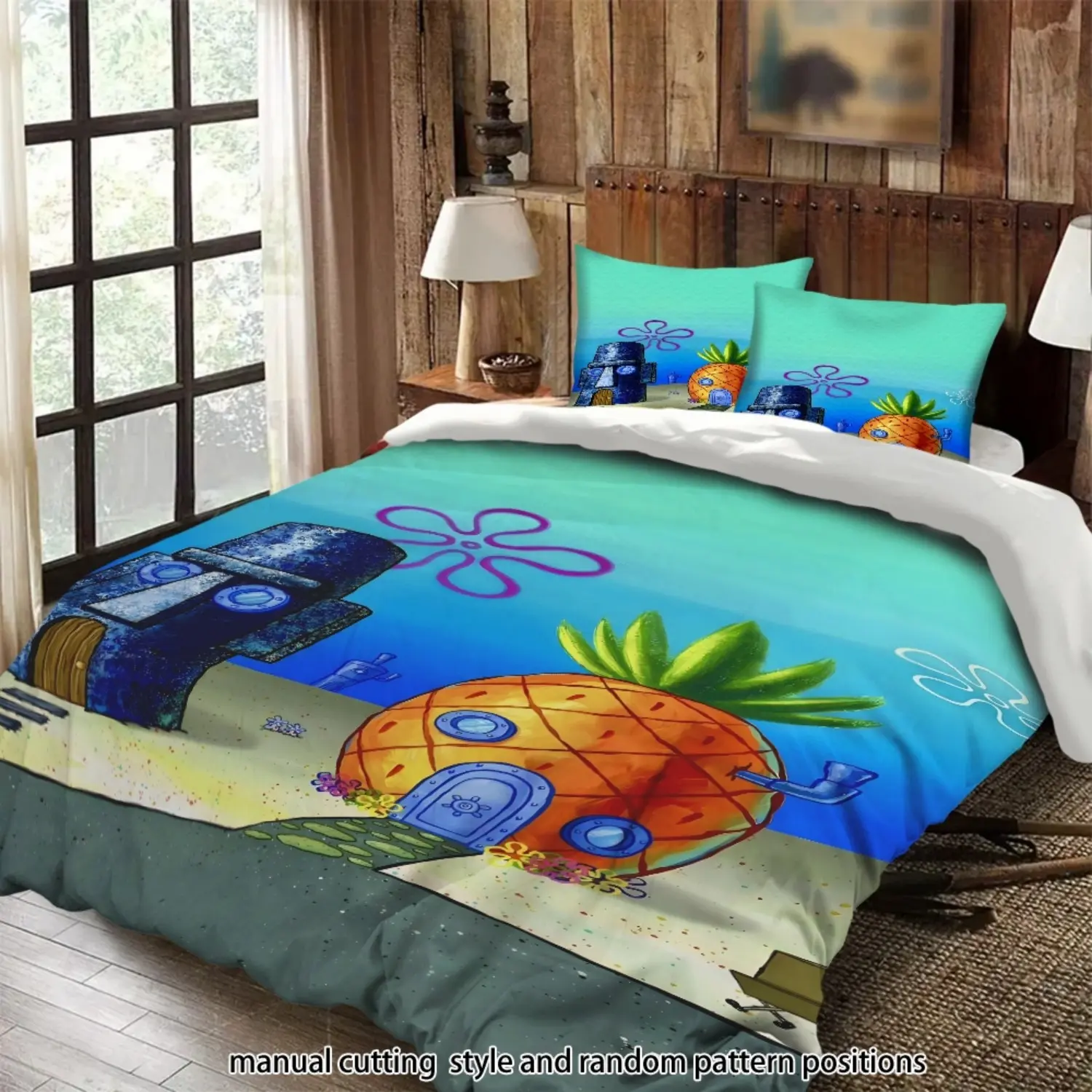 SpongeBob SquarePants cartoon pineapple house and stone house 3-piece comforter set, Theme Bedding Set, decorative bedding set, suitable as a gift.