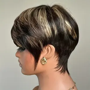 2025 NEW Wholesale Elegant Pixie Cut Wig for Women - Human Hair, Straight Layered with Highlights (1B/30/60), Rose Net Cap, 180% Density, Glueless, Perfect for Cosplay & Daily Wear, Short Pixie Cut Wig