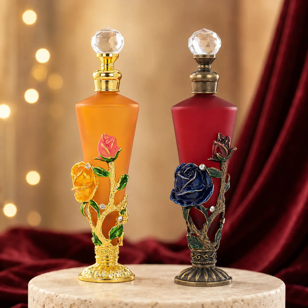 25ml Decorative Glass Essential Oil Bottle Empty Refillable Vial with Rose Metal Overlay