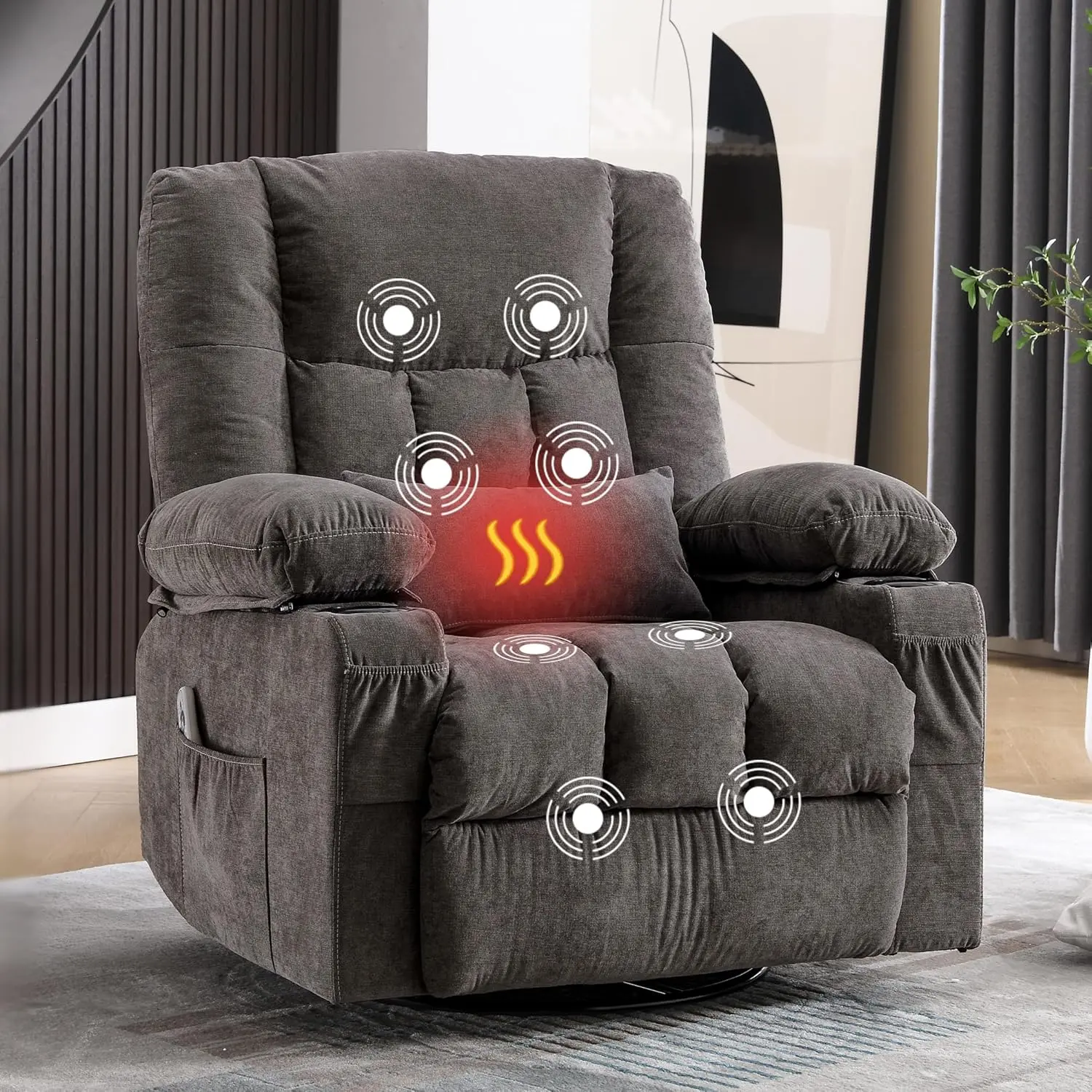 Oversized Swivel Rocker Recliner Chair for Adults, Vibration Massage & Lumbar Heating Single Sofa, Built-in Side Pocket, Dual Cup Holders and USB Charging Port for Living Room，Grey