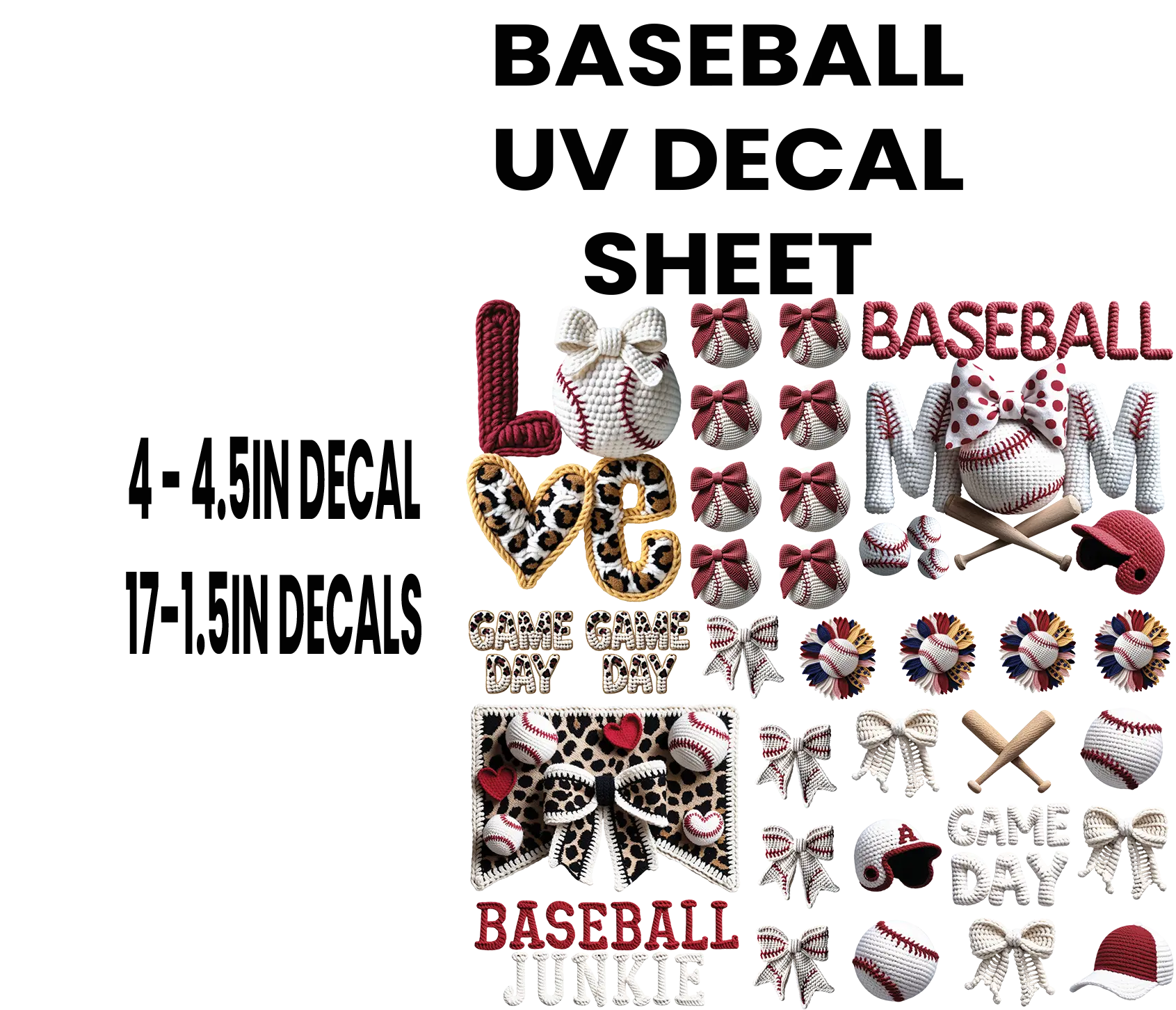 Baseball UV Decal Sheet - Decorative Design with Baseball, Bow, and "Game Day" Text for Customization FOR HARD SURFACES ONLY