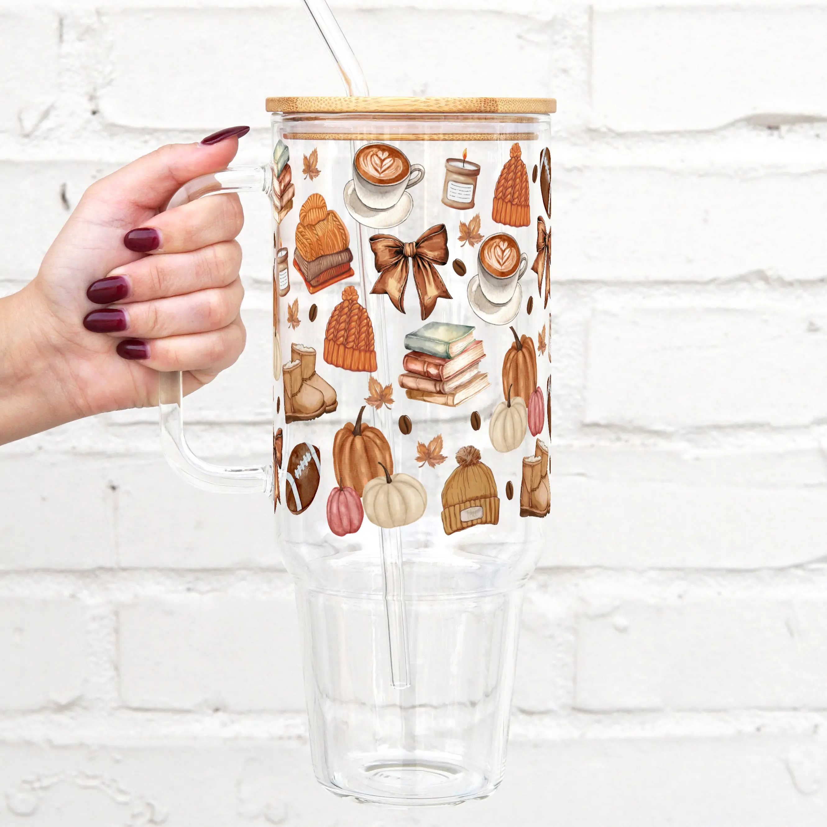 Fall Collection 40oz Glass Tumbler with Handle, Bamboo Lid & Straw