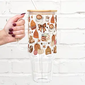 Fall Collection 40oz/32oz Tumbler with Lid & Plastic and Glass Straws, Pumpkin Spice Football Design