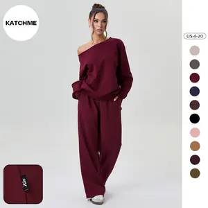KatchMe Women's Leisure Solid Color Sloping Shoulder Long Sleeve Top & Wide Leg Trousers Co-ord, Cozy Scoop Neck Loose Two Piece Outfits, Basic Womenswear