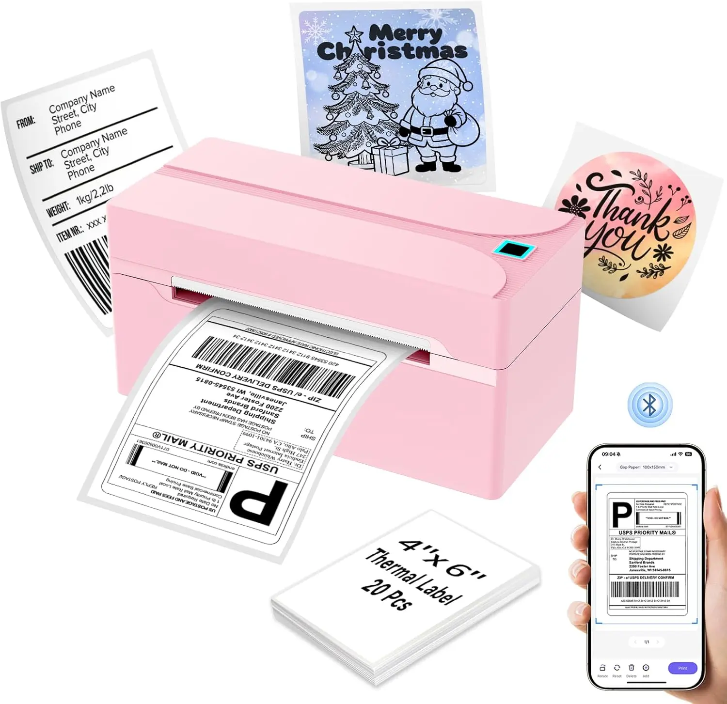 Bluetooth Thermal Label Printer,4X6 Shipping Label Printer | Wireless Label Printer for Small Business and Shipping Package, Compatible with Iphone, Android, Shopify, Amazon, USPS, Pink HKHKPI