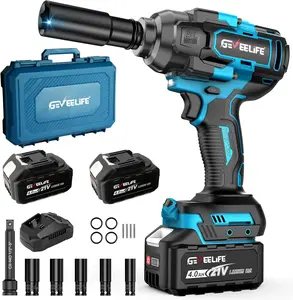 GEVEELIFE 1200NM Cordless Impact Wrench 900FT-LBS for Automobiles Trucks 2x 4.0Ah Batteries Fast Charger 3000RPM 5 Sockets 1 Extension Bar High Torque Power Tool