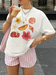 Women's Floral Shell Pattern Round Neck Short Sleeve T-Shirt, Soft Breathable Fabric, Loose-Fit Summer Fashion Tee, Perfect for Beach Vacations