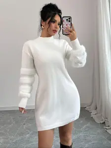 Elegant Chic Women's Long Sleeve Knit Dress, Soft Fabric Pullover Sweater Dress for Spring Autumn Winter, Casual Daily Wear Essential Fit Womenswear Basic Lady