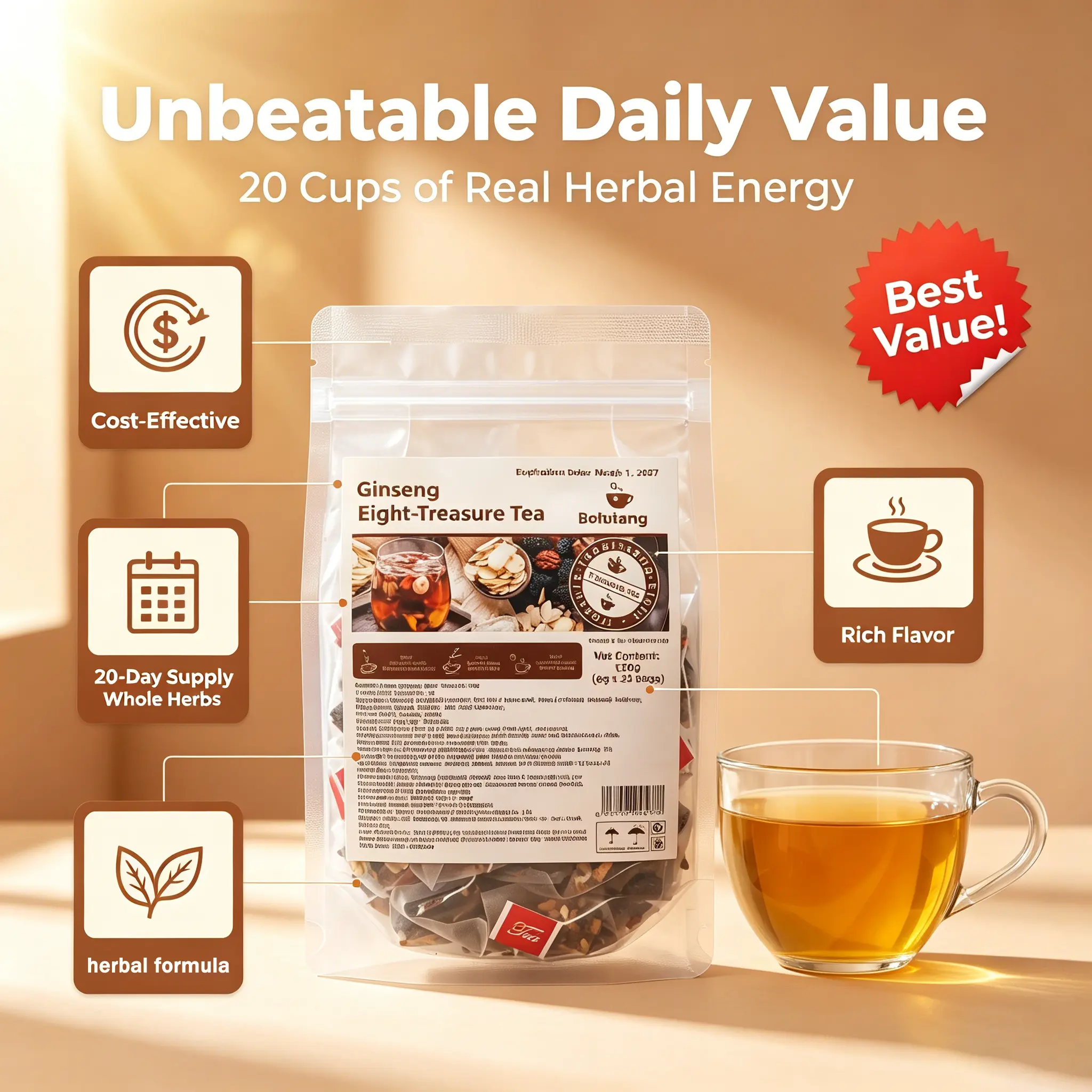 Men's Health Herbal Tea (60 Bags) - Kidney Support Formula with 5-Treasure Ginseng, 8-Treasure, Red Date Wolfberry, Mulberry & Combination Scented Tea Blends for Wellness
