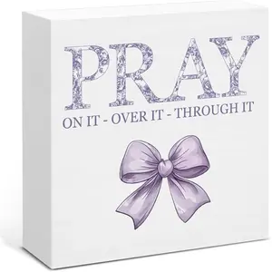Purple Bow Room Decor, Inspirational Christian Gifts for Women, Pray on it Pray Through it Bible Verse Wooden Sign for Home Office Desk Decoration 5x5inch