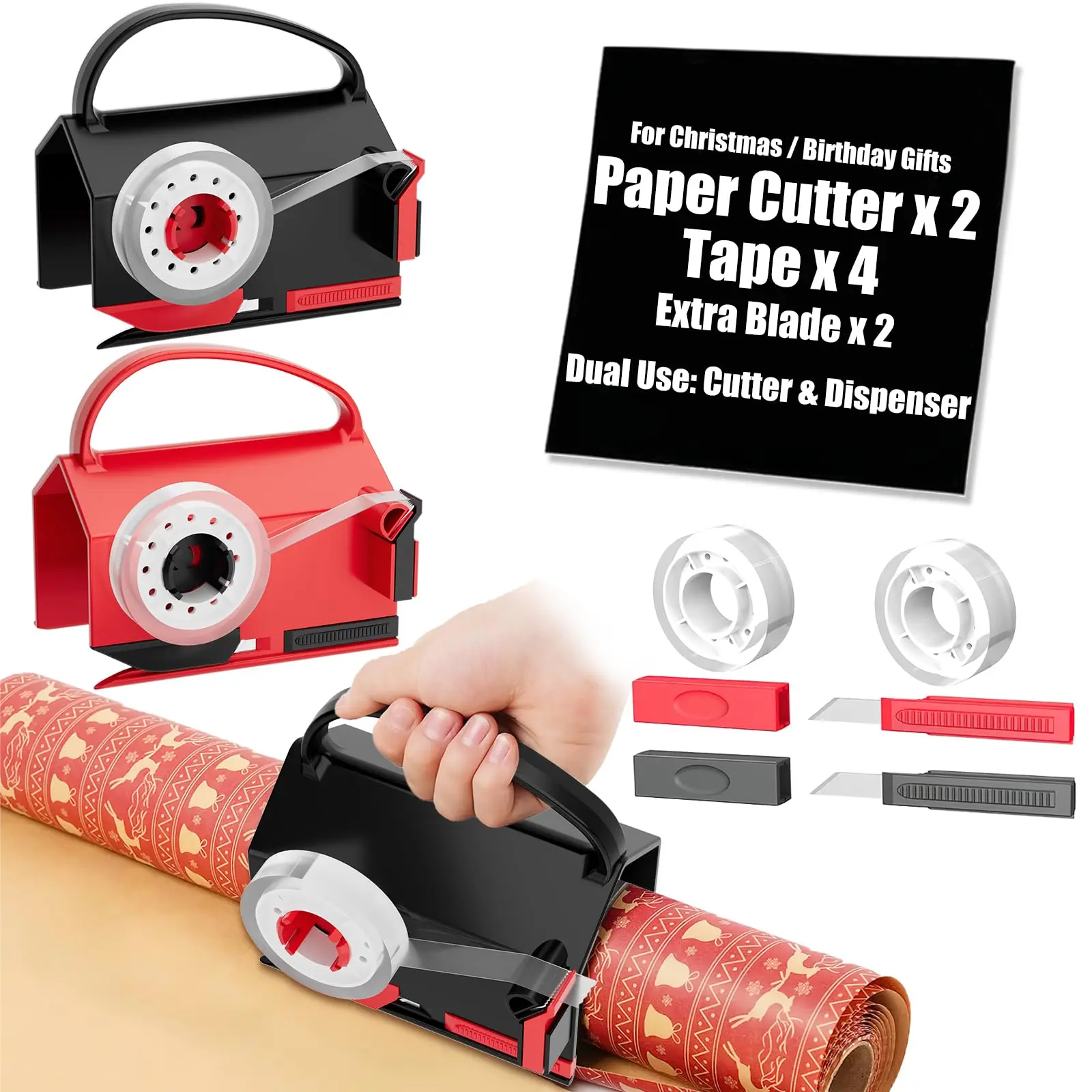 【DealsForYouDays】2-Pack Wrapping Paper Cutter & Tape Dispenser Kit (200ft Total), Home Office Cutting Supplies, Includes 4 Tapes & 2 Replacement Blades, Red & Black, for A4 Paper Cutting, Mother's Day Gifting, Straight Cuts, Efficient Packaging