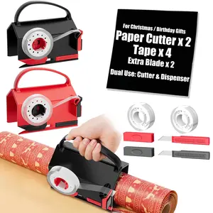 【DealsForYouDays】2-Pack Wrapping Paper Cutter & Tape Dispenser for Mother's Day Gift, Improve Gift Packaging Efficiency, Makes The Cutting line straighter, Cutting Tool with 4 Tapes，2 Replace Blades Kit, Red and Black