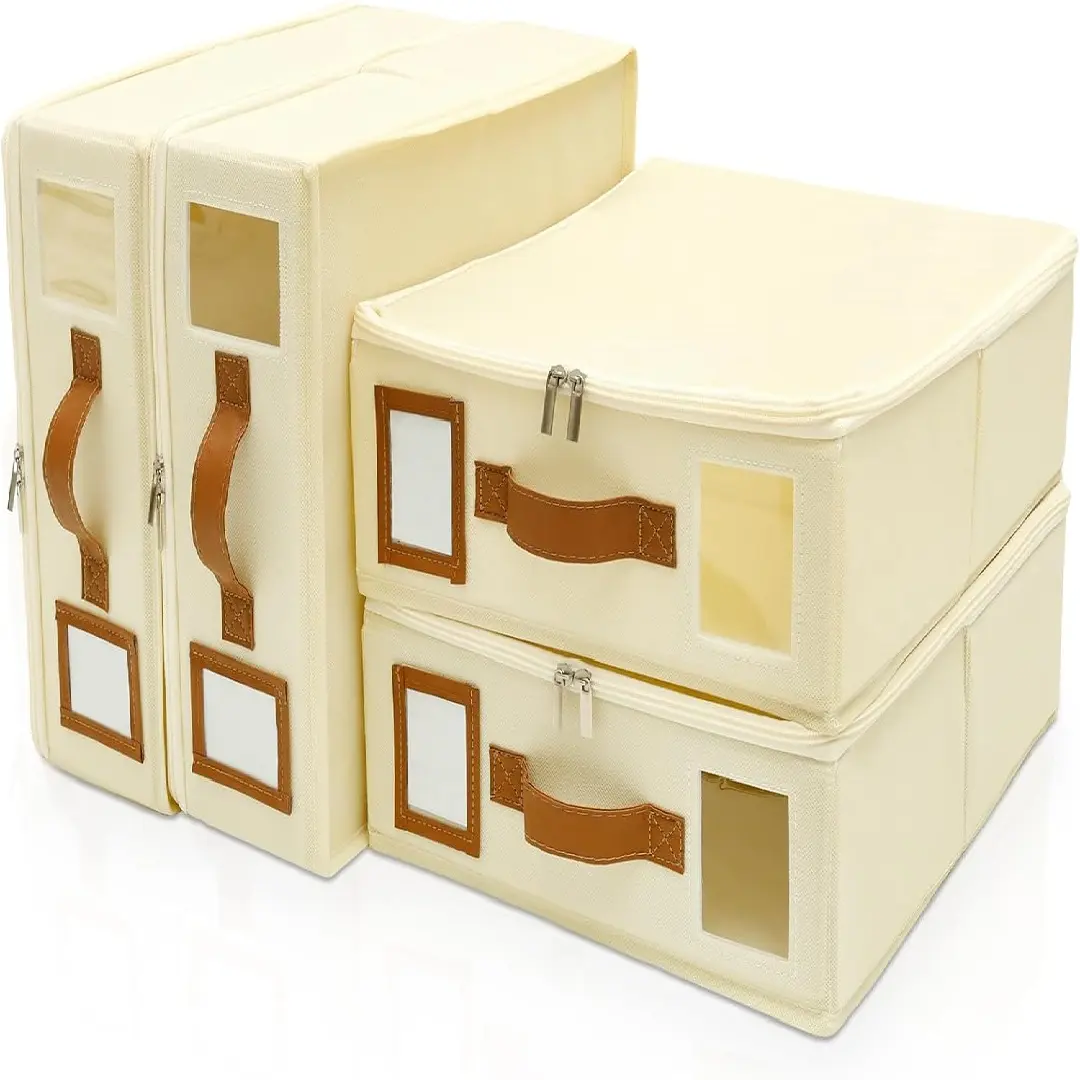 4-Pack Bed Sheet Organizer Set, Foldable Linen Closet Storage with Clear Window, Space-Saving Bedding Organizer for Sheets, Blankets & Towels (Beige)