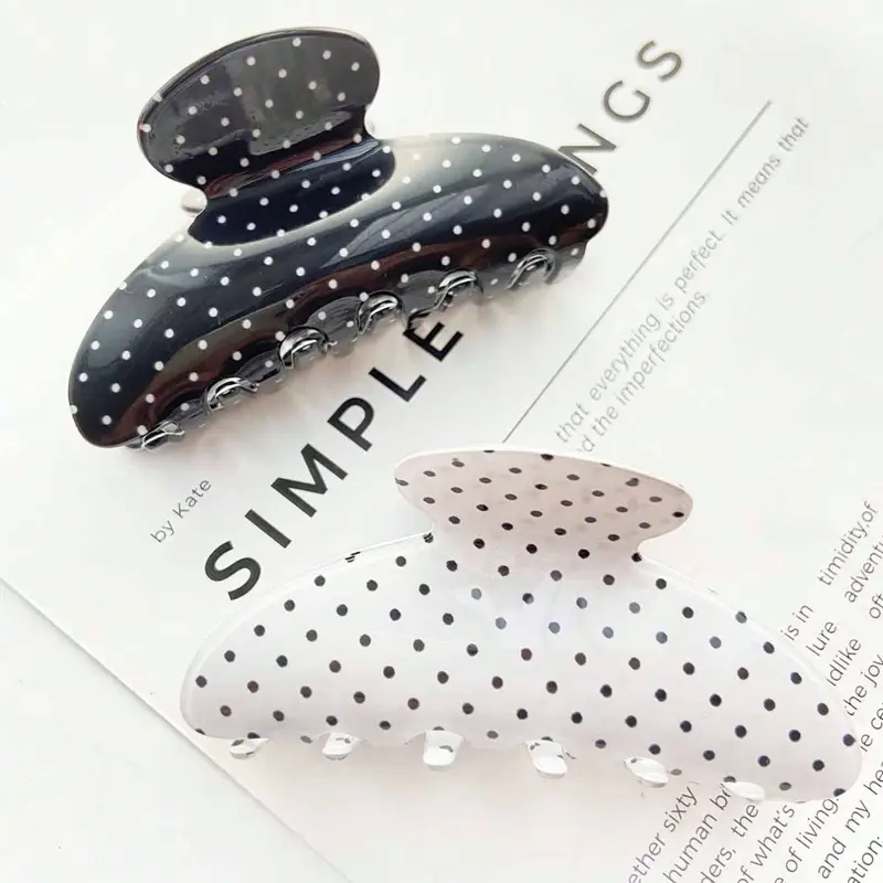 2pcs Women Polka Dot Semi-Circle Hair Clips Set, Hair Claws Set, Black&White Polka Dot Semicircle Acetate Hair Claw Clips For Daily Commute Outfit, Bun Updo Hair Fixation, No Hair Damage Fashion Hair Accessories