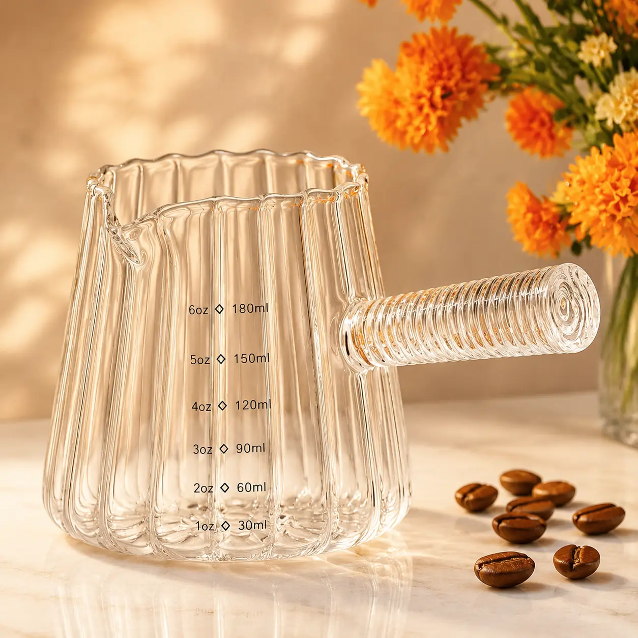 6oz Borosilicate Heat-Resistant Glass Measuring Cup with Glass Handle, V-Shaped Spout, Conical Shape, Etched Marks, Pure Transparent Design – Kitchen Utensils Ideal for Espresso Milk Frothing & Hot Beverages, Glass Body