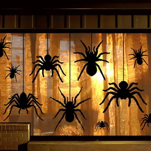Large Halloween Window Clings Decorations 11 Pcs Extra Large Spiders Silhouette Scary Black Spider Decorations Window Decals for Windows