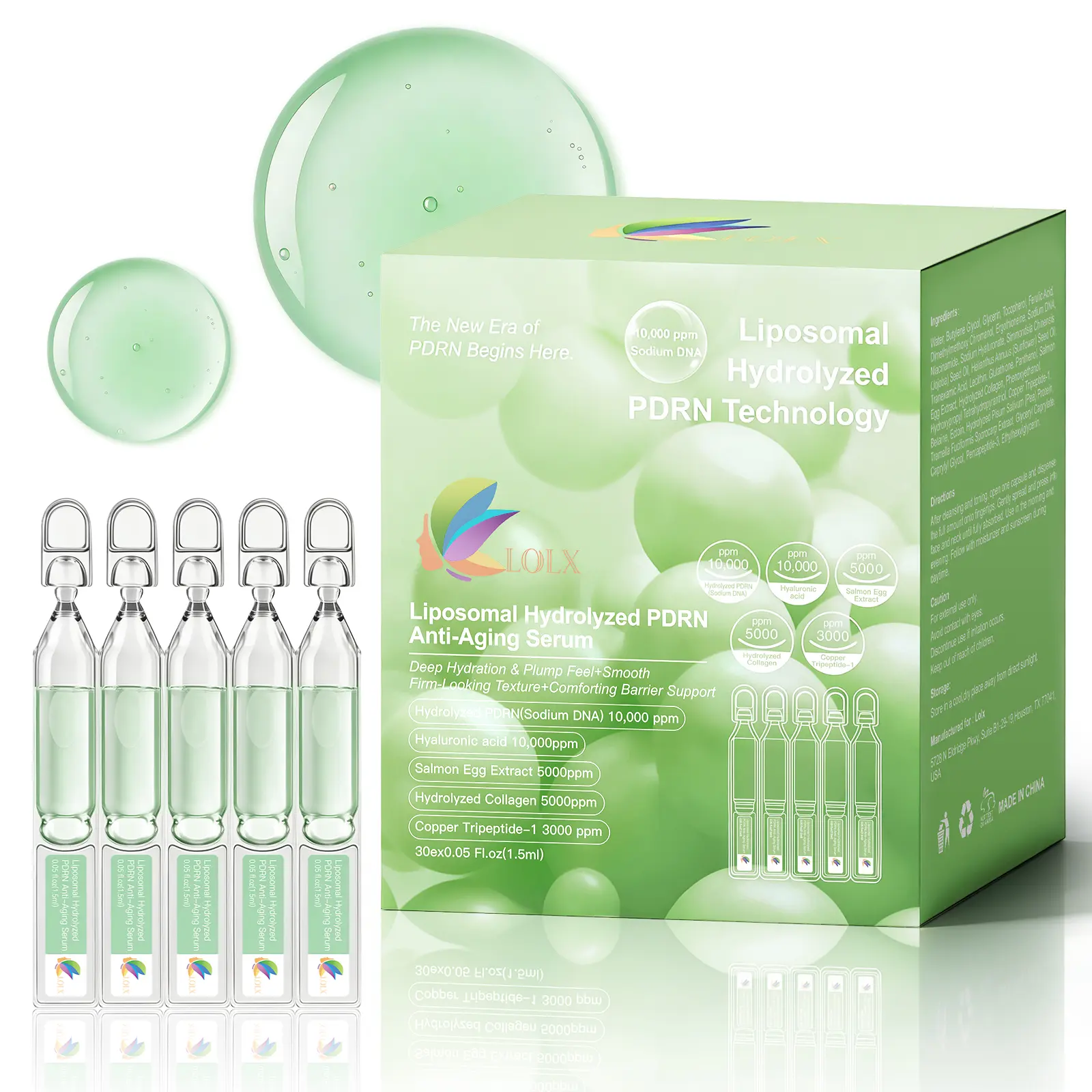 Liposomal Hydrolyzed Salmon DNA PDRN Anti-Aging Serum, Absorption Breakthrough Technology, 10,000ppm PDRN & Hyaluronic Acid, Copper Peptide 3000 ppm, Deep Hydration & Firming (0.05 fl.oz × 30e)