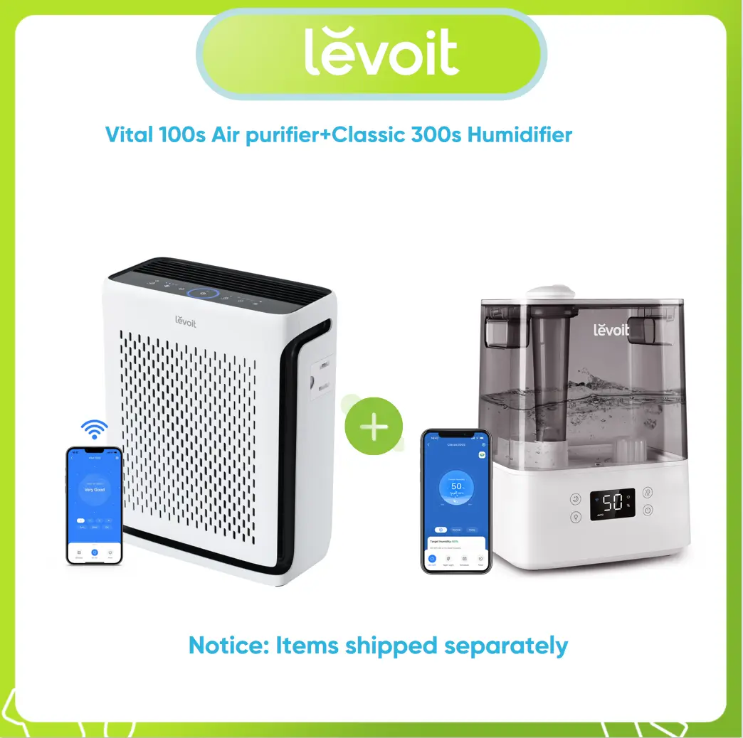 Levoit Home Wellness Home Decor Bundle: Compact High-Performance Vital 100S Smart Air Purifier & Classic 300S Top-Fill Cool Mist Humidifier,  6L Capacity, Essential Oil Diffuser, Sleep Mode, WiFi, US Plug, for Bedrooms, Large Rooms, Timer