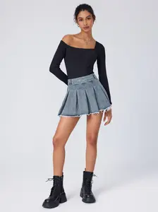 Denim High Waist Pleated Raw Hem Mini Skirt