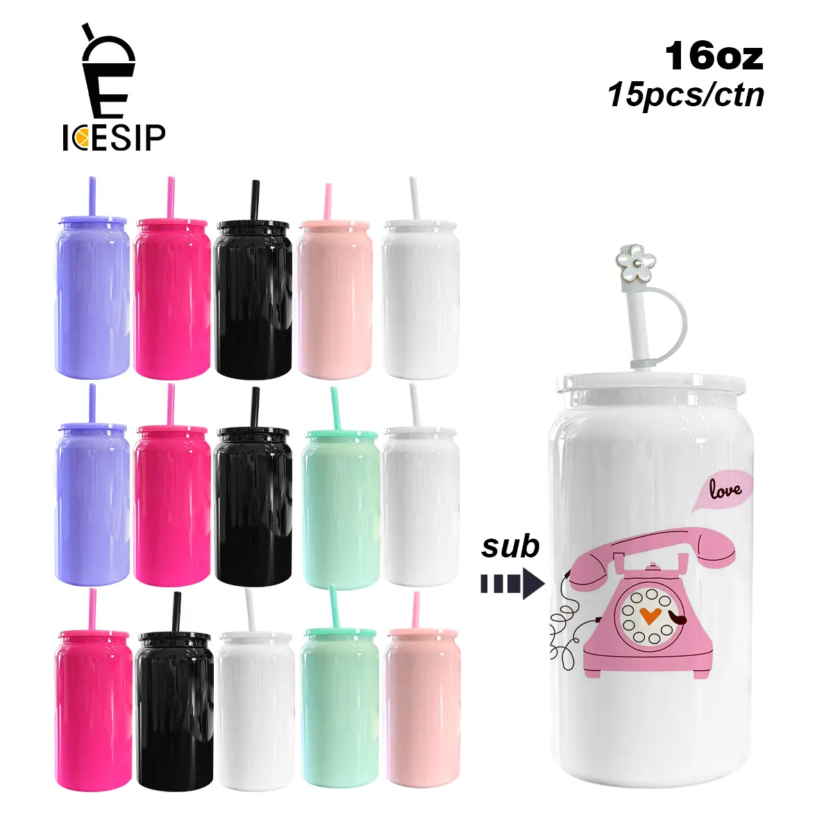 Icesip 15pcs 16oz Glossy Sublimation Stainless Steel Blank Tumblers - Mixed 6 Colors Reusable Cups with Lids, Straws, Straw Toppers, Themed Packaging for Home Party, Housewarming Gifts & Portable Use, Packaged Party Gifts