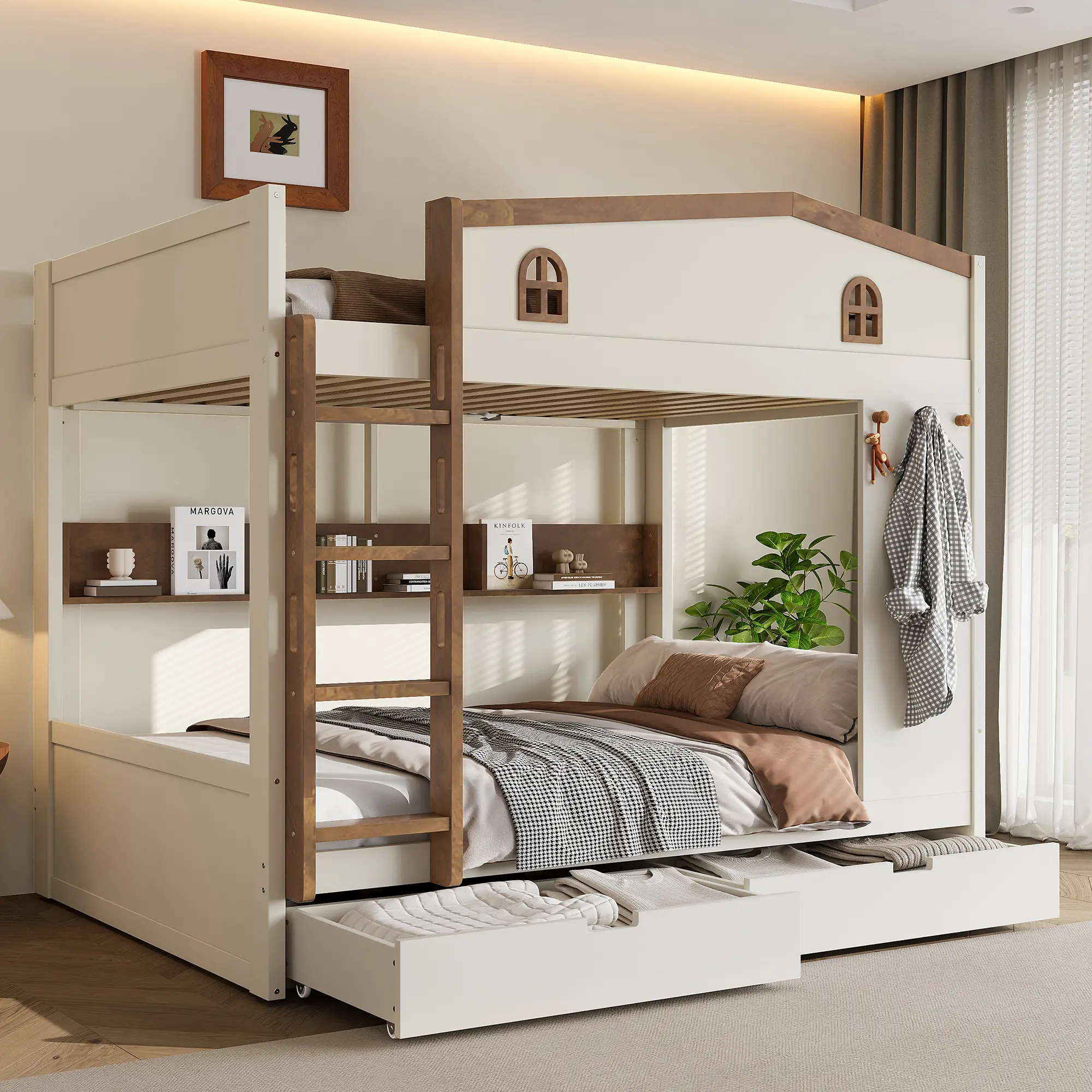 Bellemave Glam Queen-over-Queen Solid Wood Bunk Bed with Trundle, Storage Drawers, Shelf, Functional Hooks - Beige Natural Finish, Spacious Design, No Box Spring Required, 230.16 lbs Capacity, Loft Bed, Assembly Required, 77.50 X 56.80 X 66.50 Inches