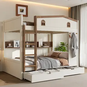 Bellemave Queen-over-Queen Solid Wood Bunk Bed with Trundle, Storage Drawers, Storage Shelf, Hooks - Beige Natural Finish, Spacious Design, No Box Spring Required