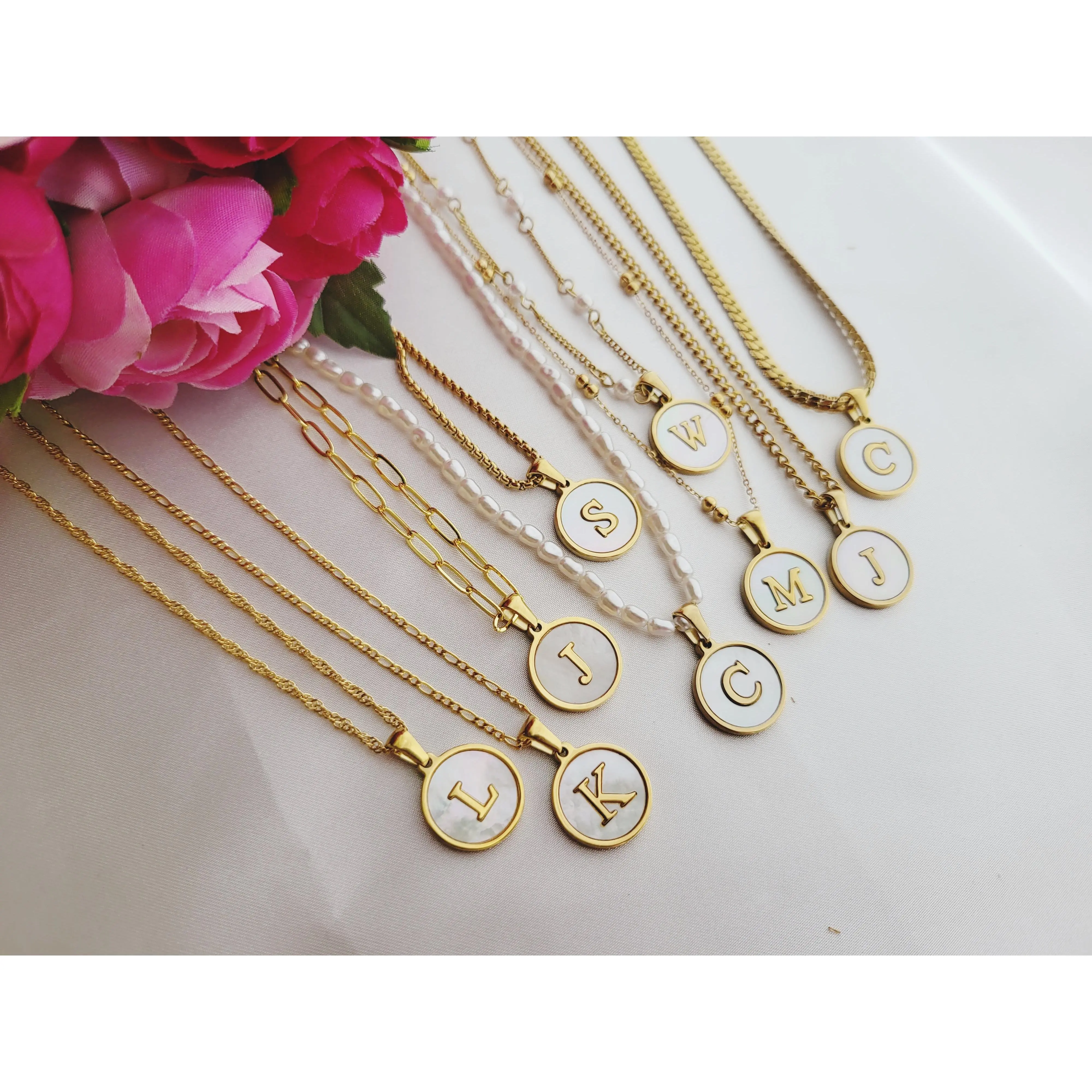 Stainless Steel Mother Of Shell  Round  Initial Pendant Necklace
