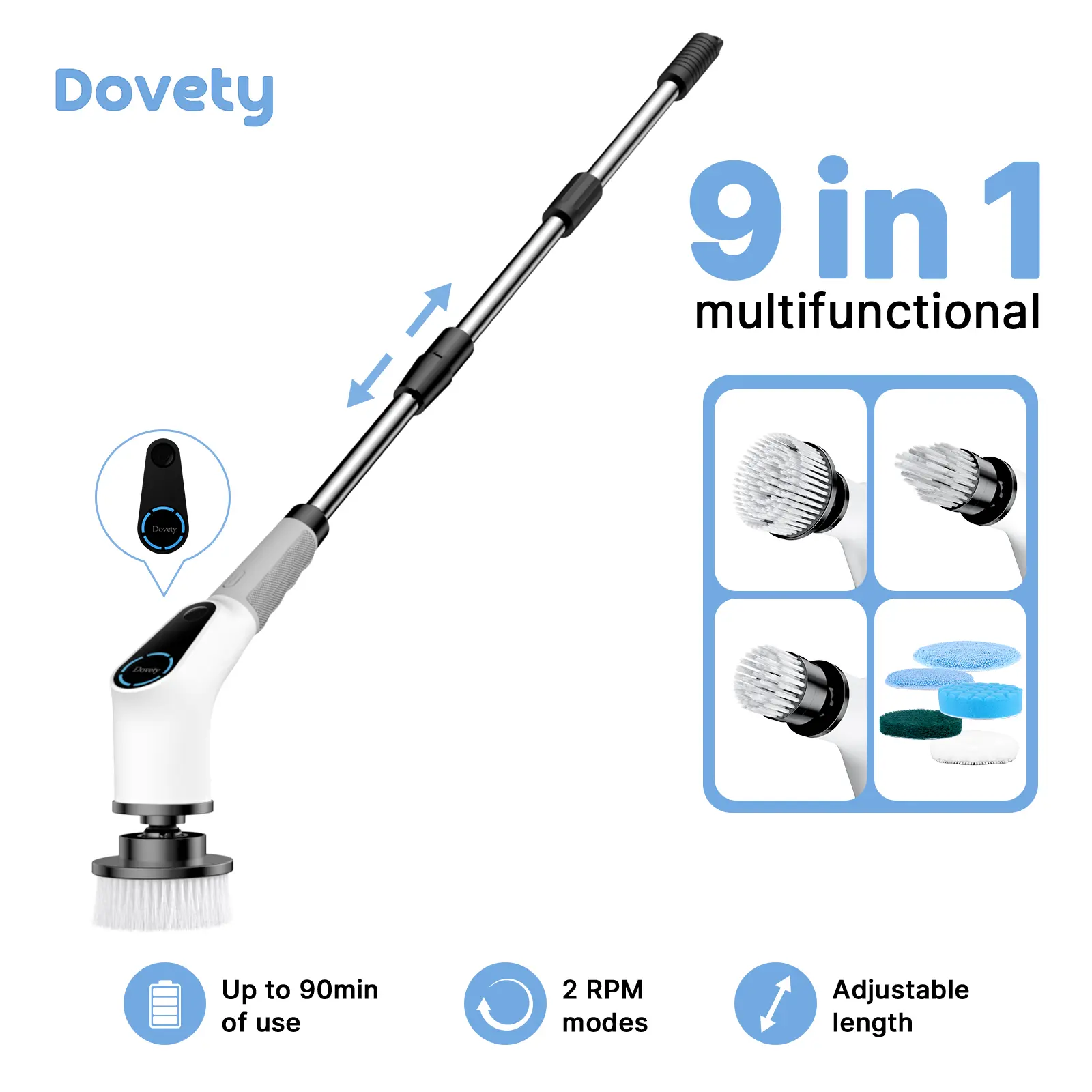 Dovety Wireless Rechargeable Power Scrubber - Home Cleaning Tool with Rotatable Spin Brush, Handheld Design, 8 Replacement Heads, 2 Adjustable Speeds, Extension Handle, Fast Charging Station for Bathroom, Floor