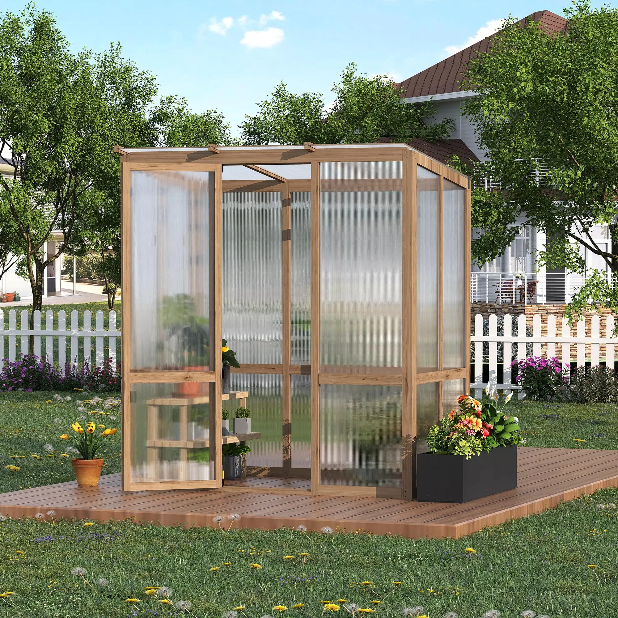 Garvee 4x6FT Wooden Greenhouse with Cedar Frame, Outdoor Wood Greenhouses with Roof Vent, Wood and Polycarbonate Walk-in Greenhouse