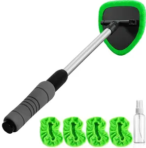 Windshield Cleaning Tool - Extendable Handle Car Window Cleaner with 4 Reusable Cloth Pads, Auto Glass Wiper Kit for Interior & Exterior, Ideal for Dirty Car Windows (Green)