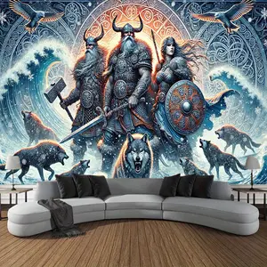 1pc 243.84x182.88 cm Viking Scene Tapestry - Dramatic Berserkers with Wolves, Sunset & Birds Design, Polyester Wall Hanging for Living Room, Bedroom, Office Decor - Ideal for Weddings, Birthdays, Anniversaries, Graduations, Viking Room Decor
