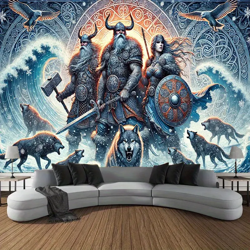 1pc 243.84x182.88 cm Viking Scene Polyester Tapestry - Dramatic Berserkers with Wolves, Sunset, Birds Design, Wall Hanging for Living Room, Bedroom, Office, Room Decor - Ideal for Weddings, Birthdays