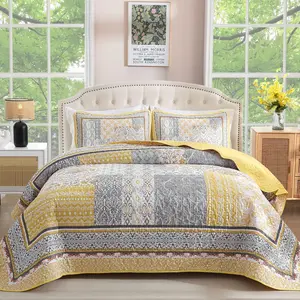 Yellow Quilt Set  Size,Bohemian Patchwork Bedspread Coverlet Set, Reversible Boho Floral  Bedspreads  Quilt Set for All Seasons (104"x90")
