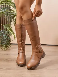 Women's High-Top Knight Boots, Side Zipper Buckle Design, Fall Winter New Collection, Retro Slimming Over-The-Knee Long Boot, Winter Warm Boots